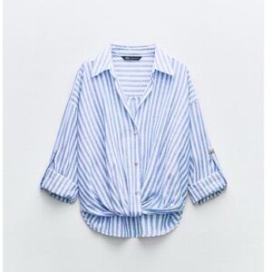 ZARA Striped linen blend knotted shirt